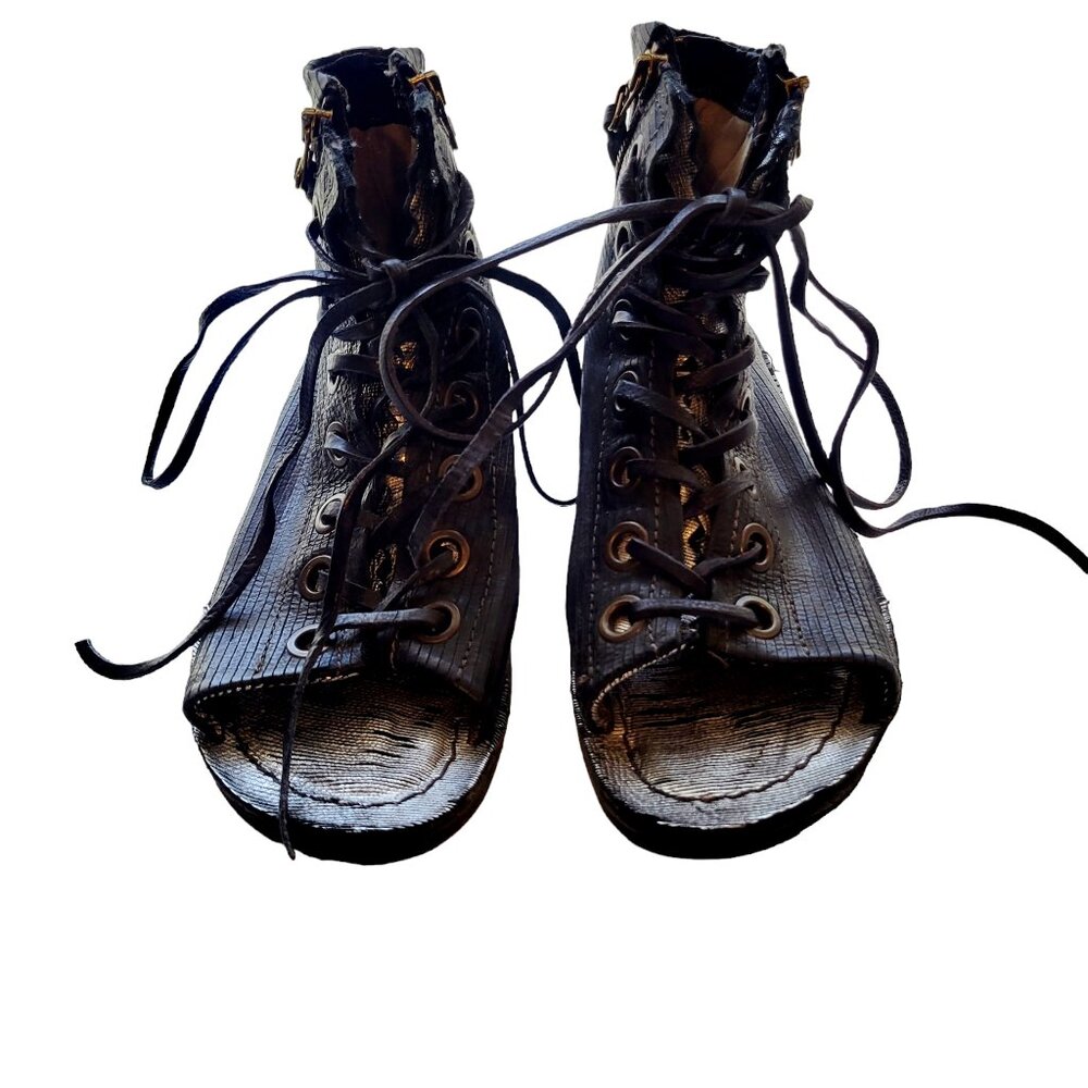 A.S.98 Black Leather Lace-Up High-Top Sandals - Picture 2 of 15